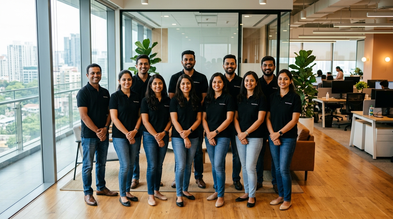 Large company team wearing coordinated black Top Drawer apparel